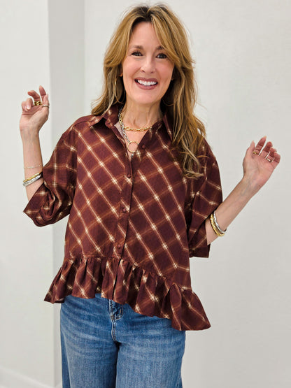 Plaid Ruffle Hem Button-Down Blouse