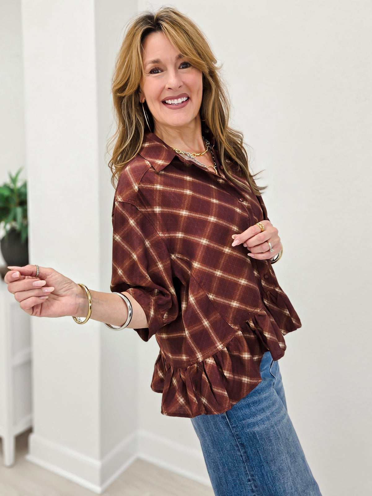 Plaid Ruffle Hem Button-Down Blouse