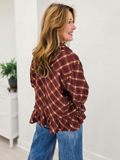 Plaid Ruffle Hem Button-Down Blouse