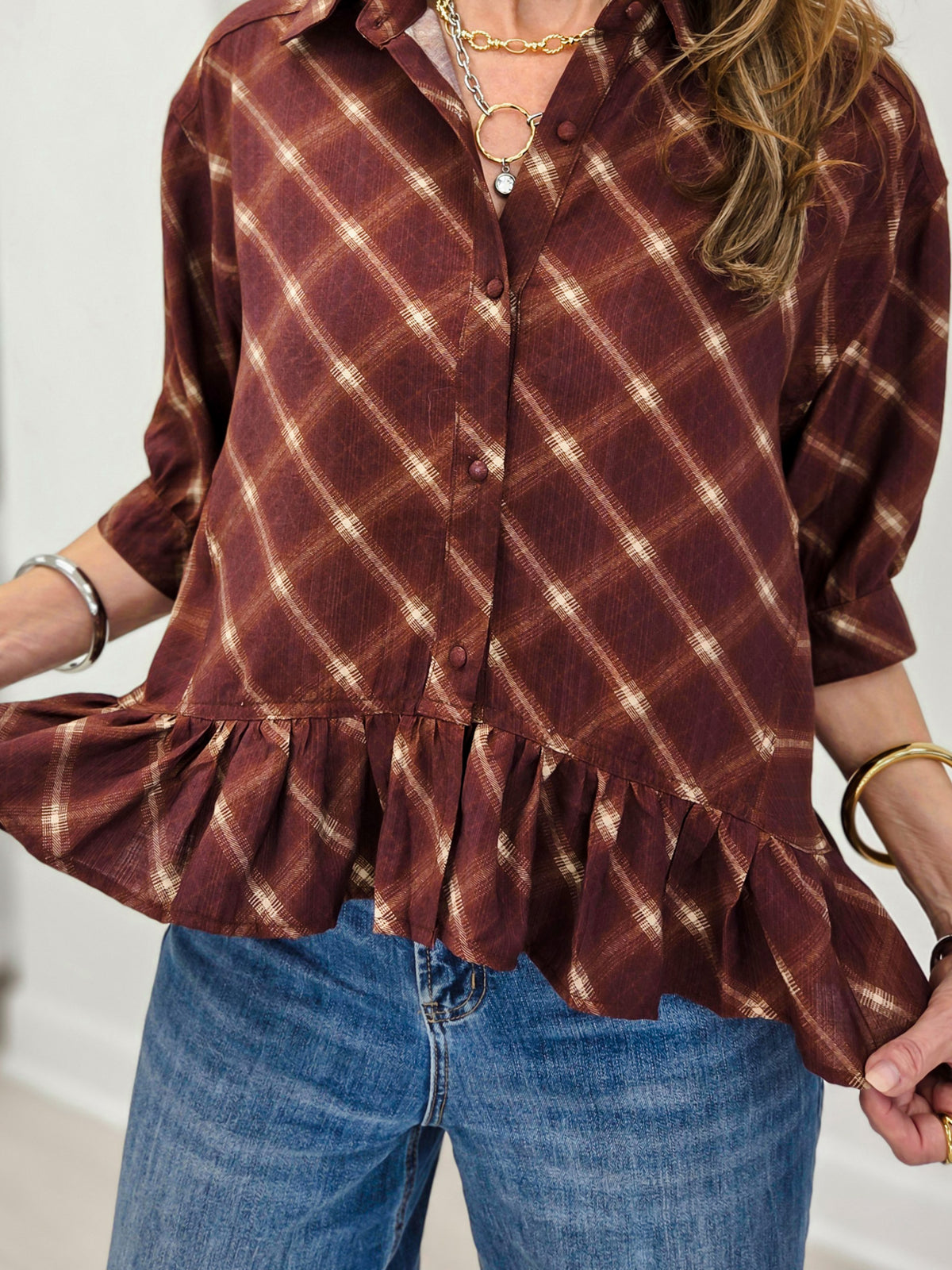 Plaid Ruffle Hem Button-Down Blouse