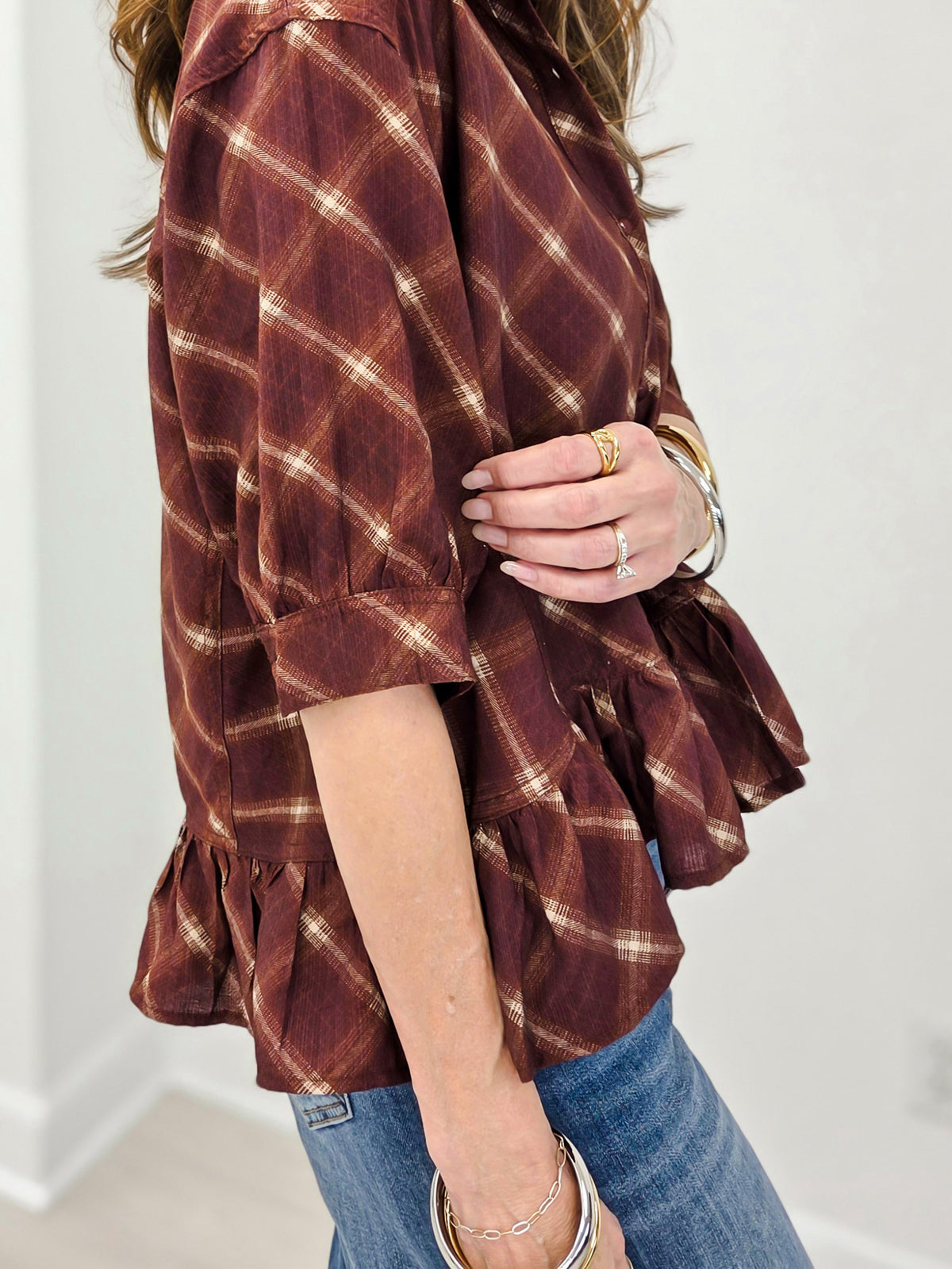 Plaid Ruffle Hem Button-Down Blouse