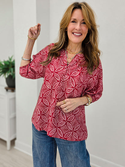 Geometric Print Puff Sleeve Split Neck Blouse