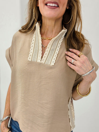 Lace Trim V-Neck Short Sleeve Blouse