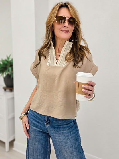 Lace Trim V-Neck Short Sleeve Blouse