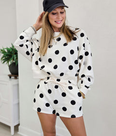Fleece Polka Dot Print Round Neck Pullover And Short Set