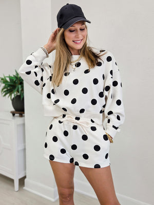 Fleece Polka Dot Print Round Neck Pullover And Short Set