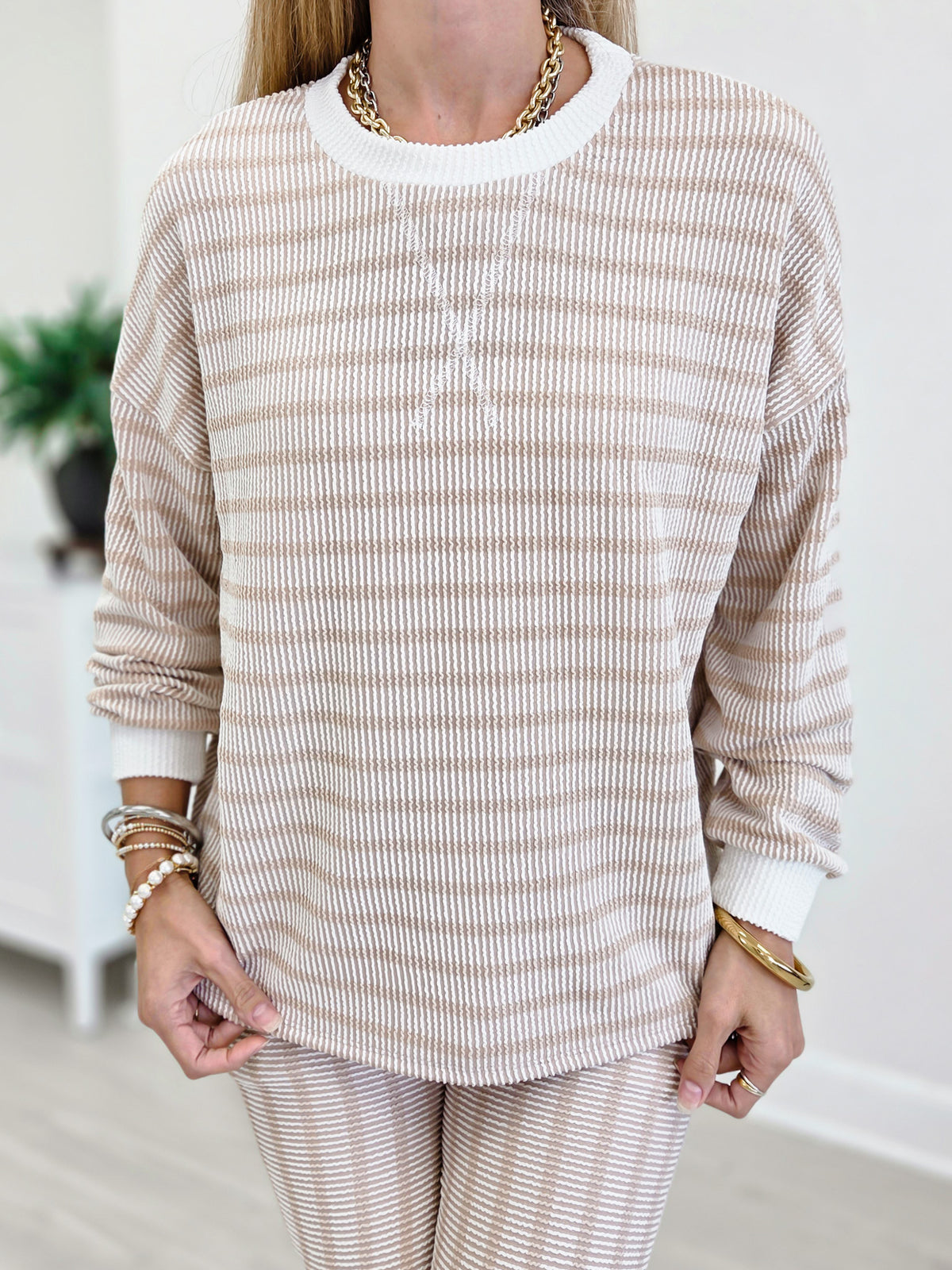 Striped Ribbed Pullover & Pants Set