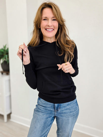 Women's Sweater Top Hoodie With Front Pocket-Black