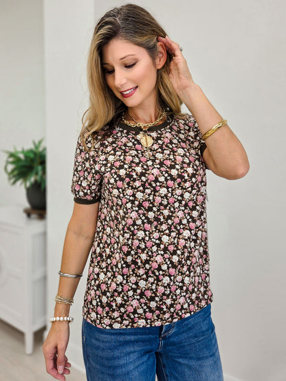 WIDE CREW NECK SHORT SLEEVE FLORAL PRINTED TOP