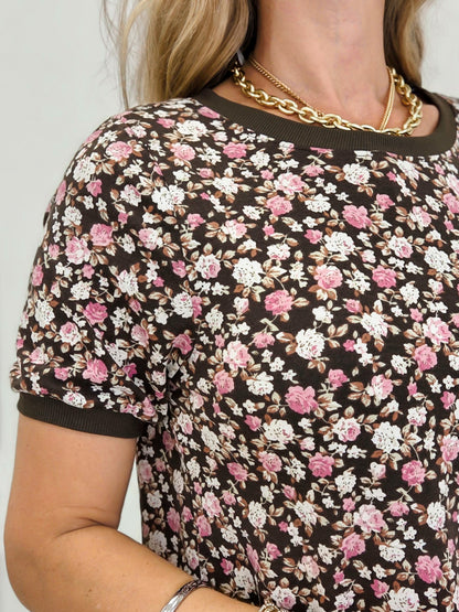 WIDE CREW NECK SHORT SLEEVE FLORAL PRINTED TOP