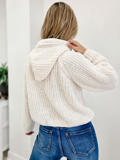 Cropped Chenille Hoodie Sweater With Drawstring Detail