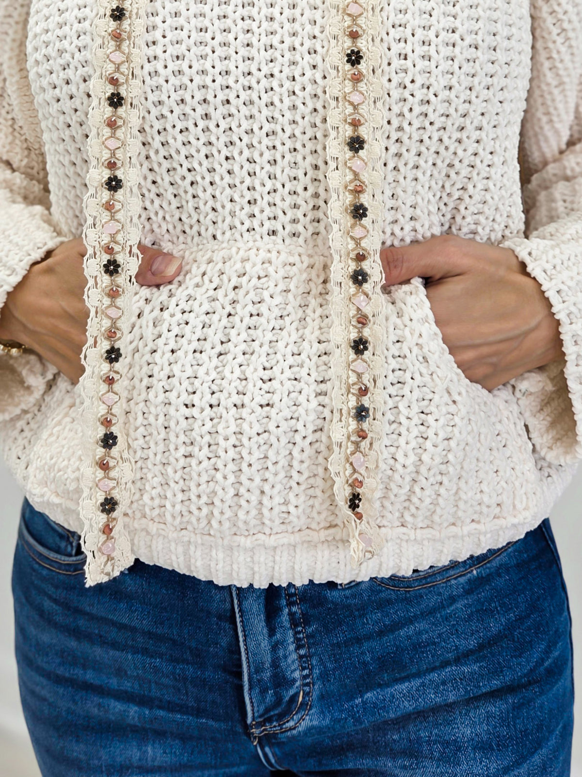 Cropped Chenille Hoodie Sweater With Drawstring Detail