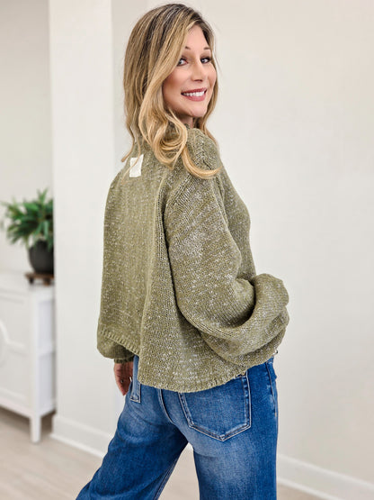 High-Neck Balloon Sleeve Rolling Edge Sweater