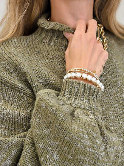 High-Neck Balloon Sleeve Rolling Edge Sweater