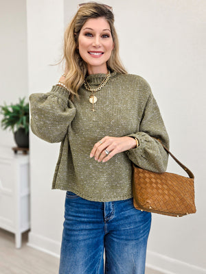 High-Neck Balloon Sleeve Rolling Edge Sweater