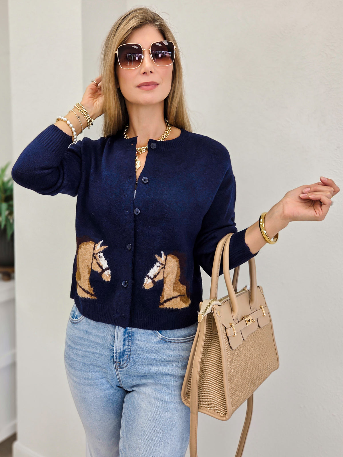 Horse Jacquard Button Down Cardigan