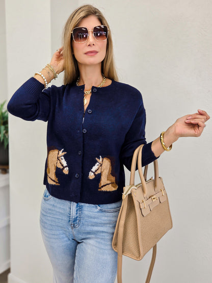 Horse Jacquard Button Down Cardigan