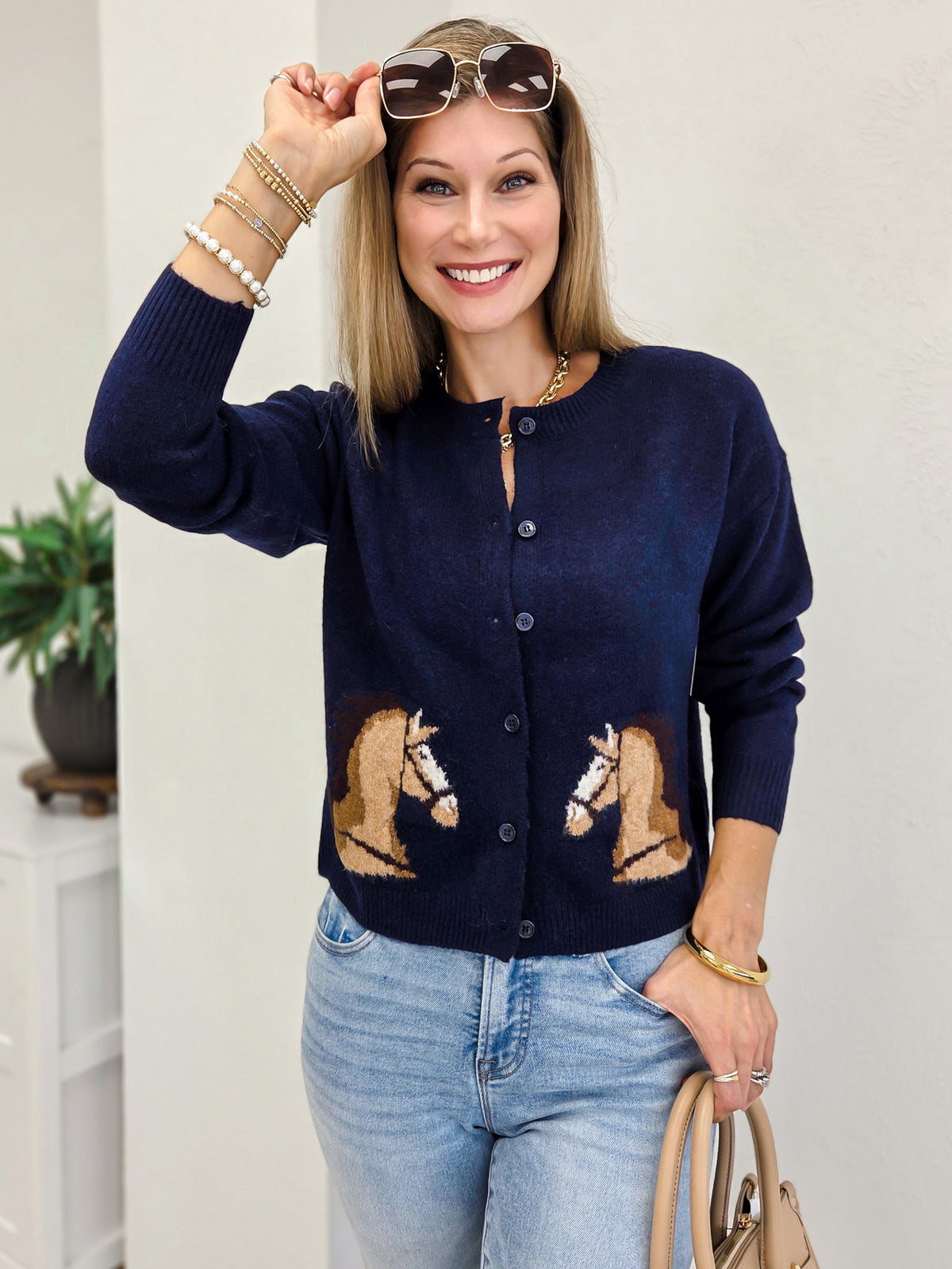 Horse Jacquard Button Down Cardigan