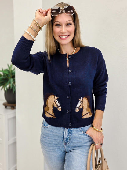 Horse Jacquard Button Down Cardigan