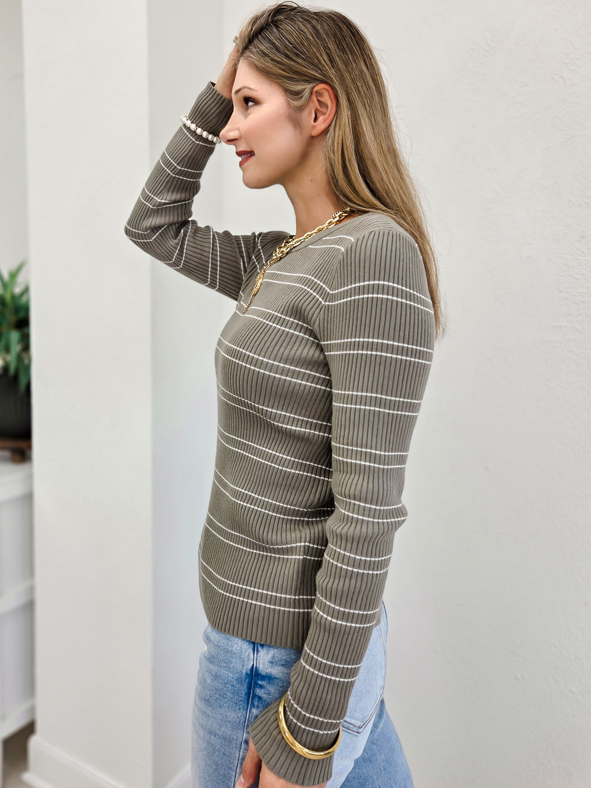 Stretchy Basic Striped Long Sleeve Shirt