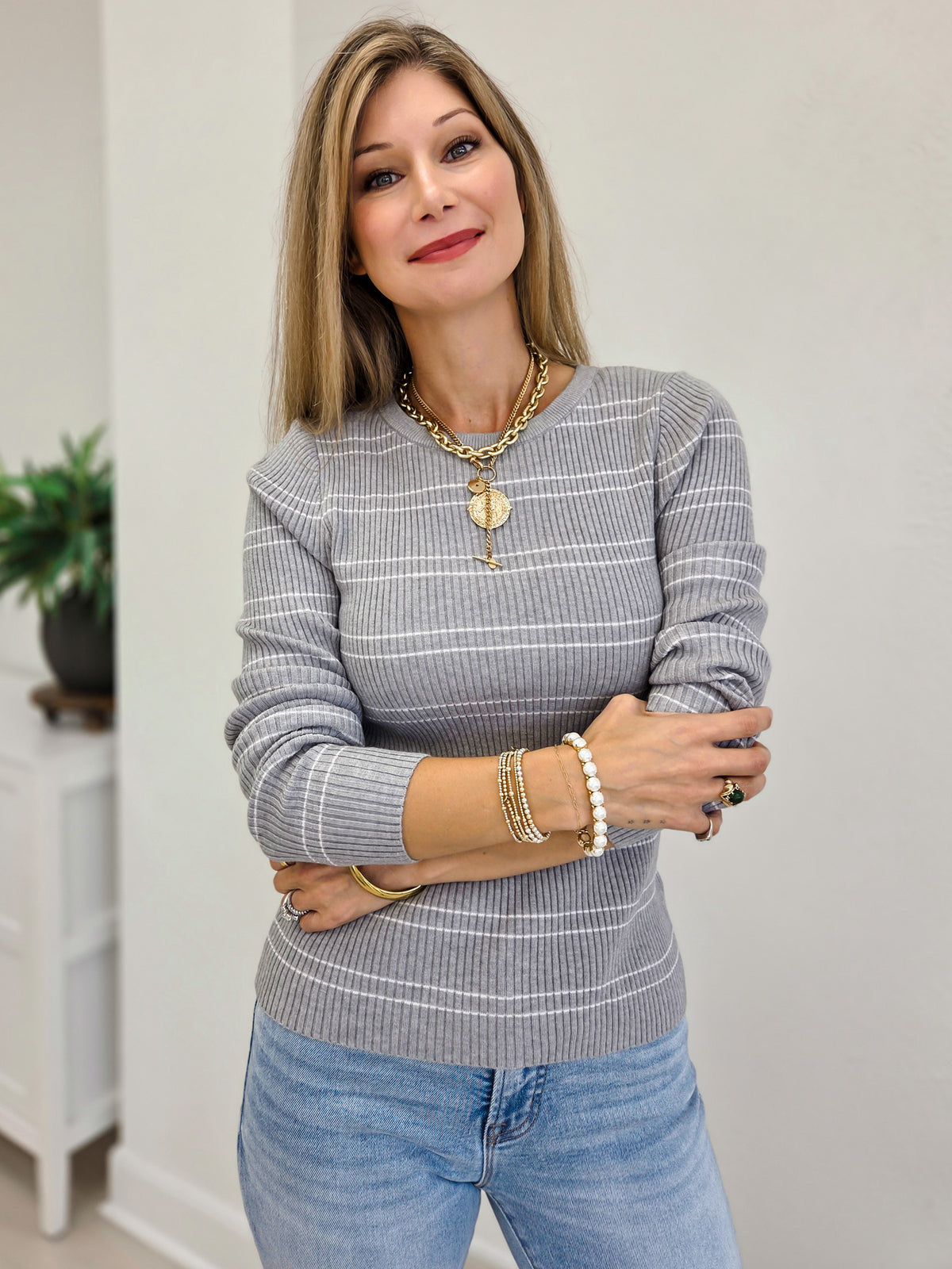 Stretchy Basic Striped Long Sleeve Shirt