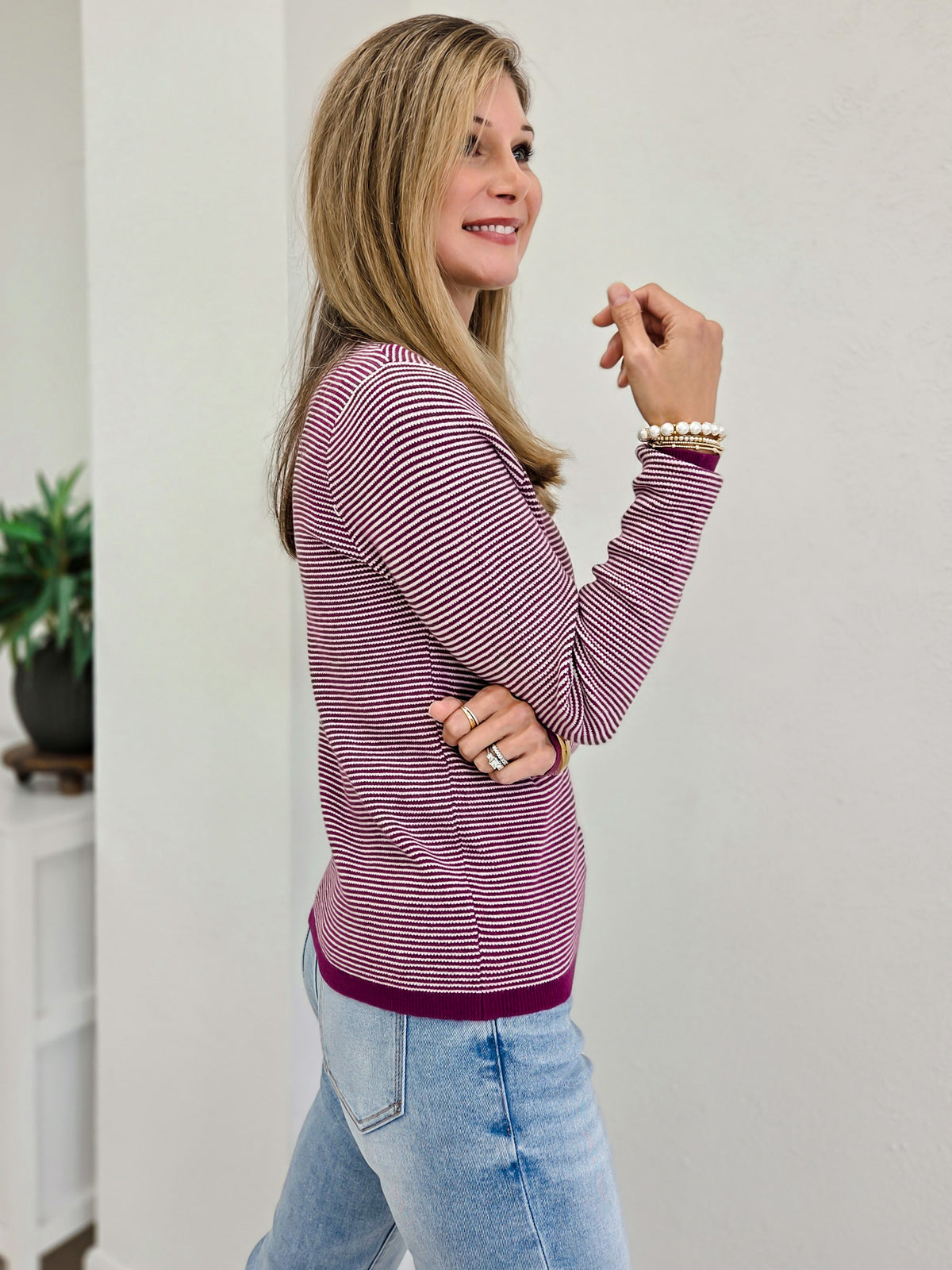 Stretchy Waffle Knit Striped Sweater