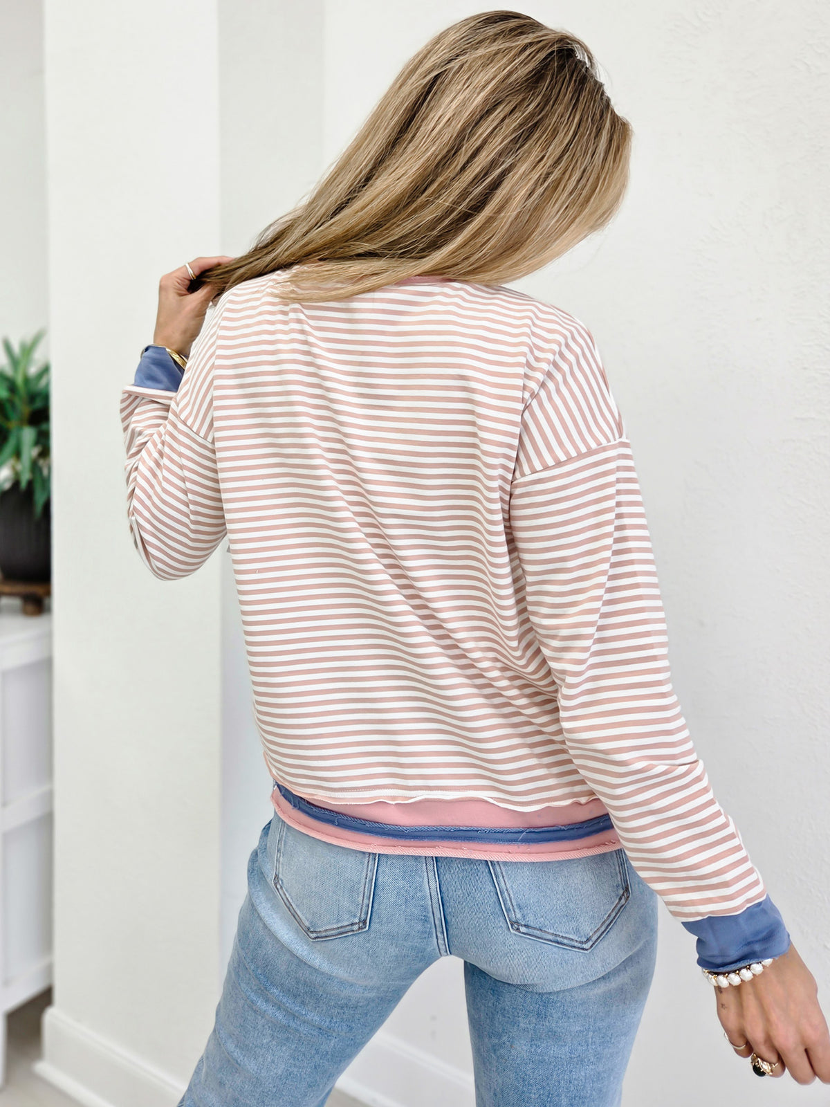 Raw Edge Striped Sweatshirt