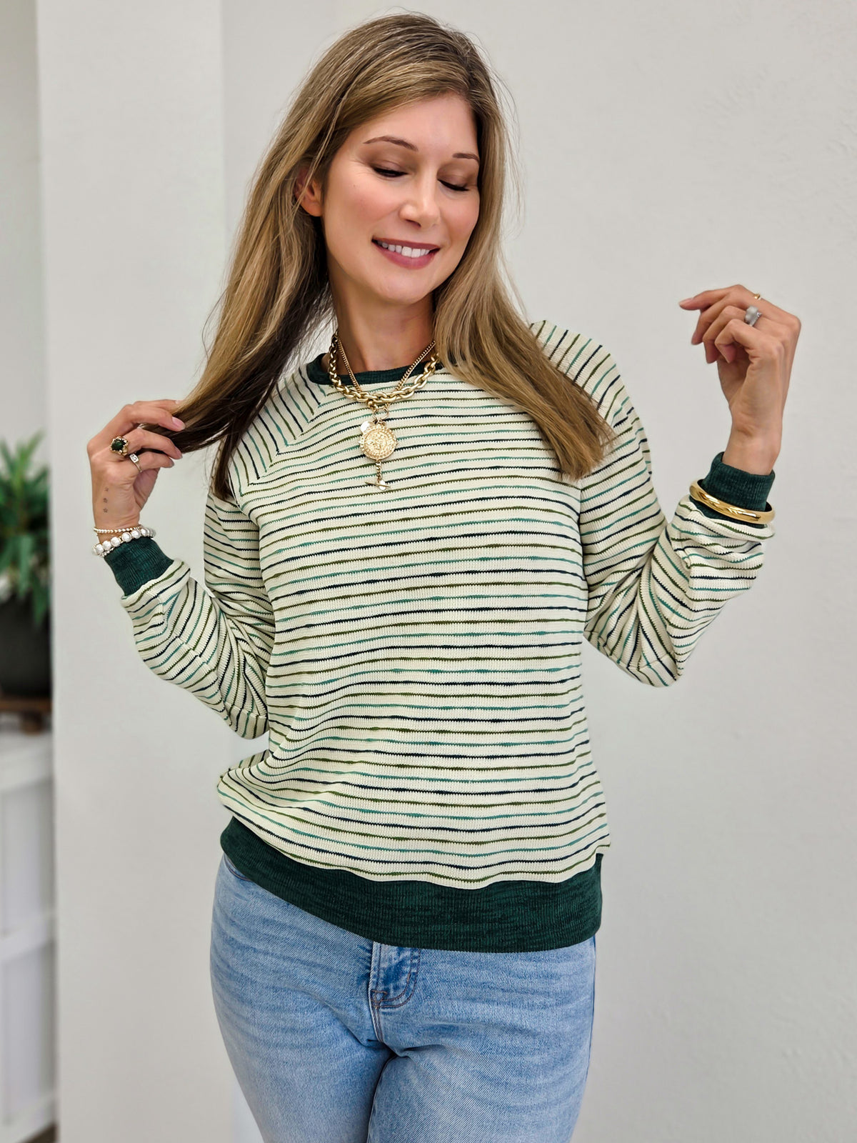 Stripped Waffle Knit Top With Raglan Sleeve