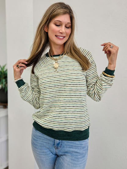Stripped Waffle Knit Top With Raglan Sleeve