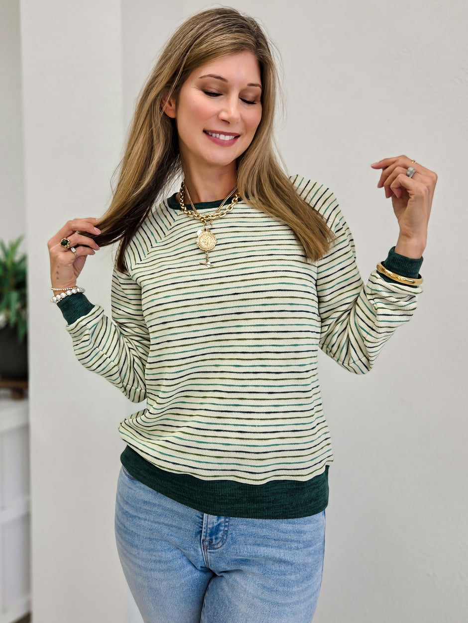 Stripped Waffle Knit Top With Raglan Sleeve
