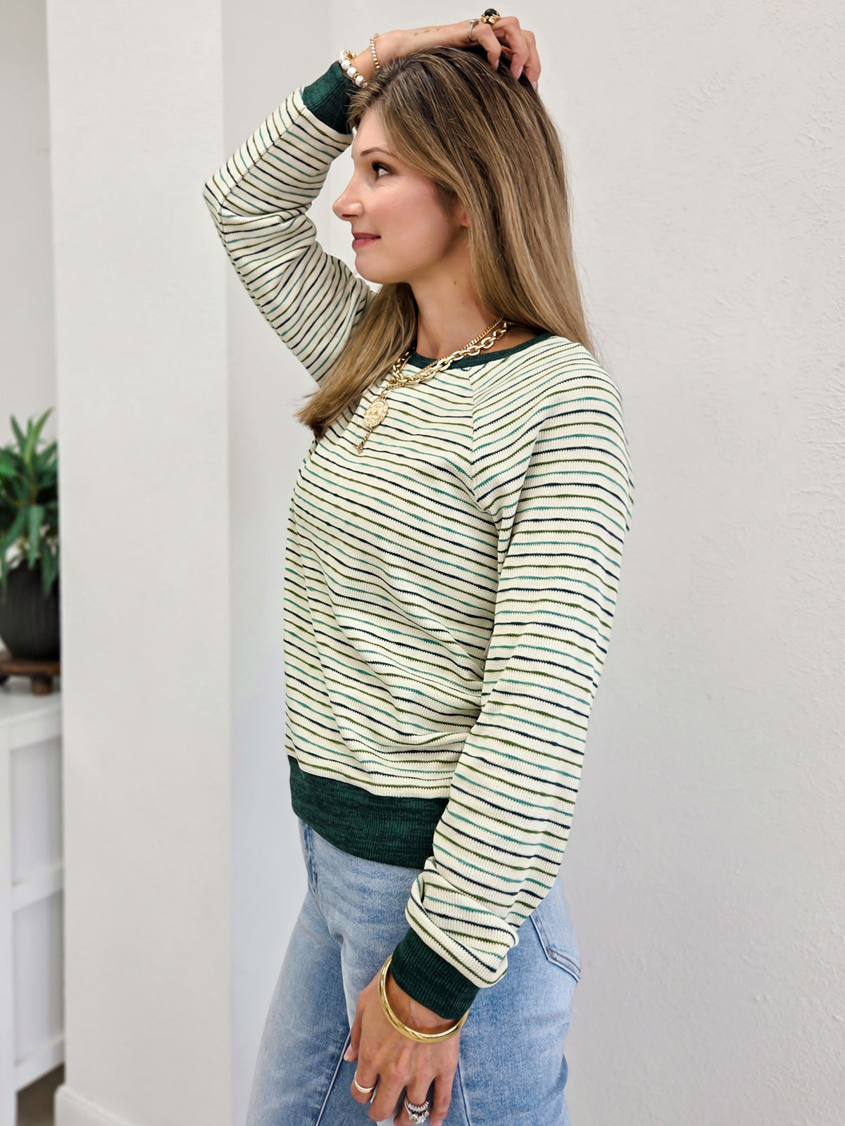 Stripped Waffle Knit Top With Raglan Sleeve