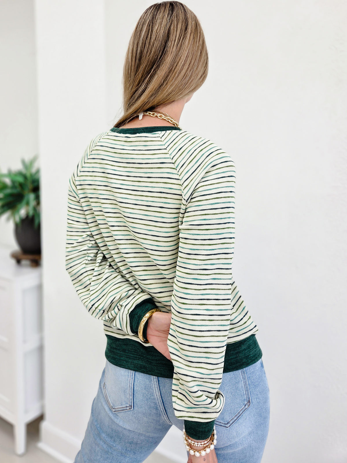 Stripped Waffle Knit Top With Raglan Sleeve