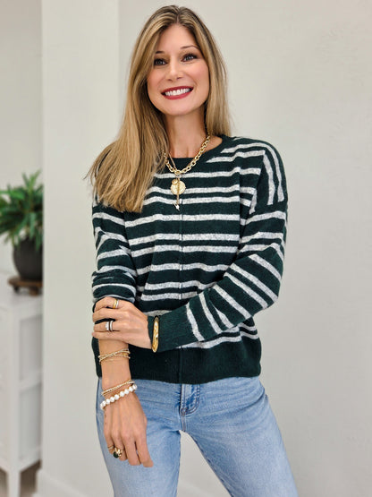 Double Striped Crew Neck Sweater With Center Seam Detail