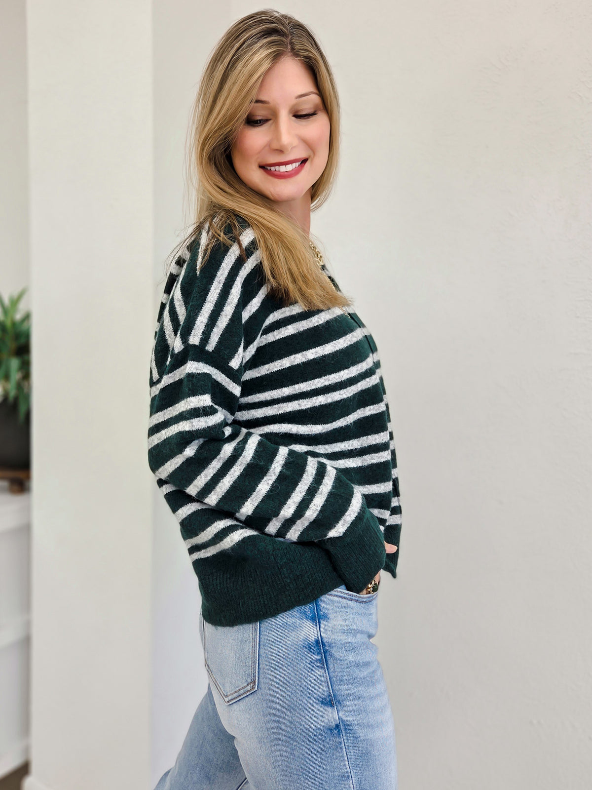Double Striped Crew Neck Sweater With Center Seam Detail