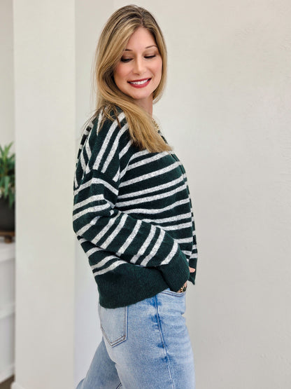 Double Striped Crew Neck Sweater With Center Seam Detail