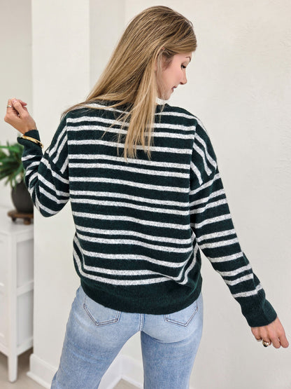 Double Striped Crew Neck Sweater With Center Seam Detail