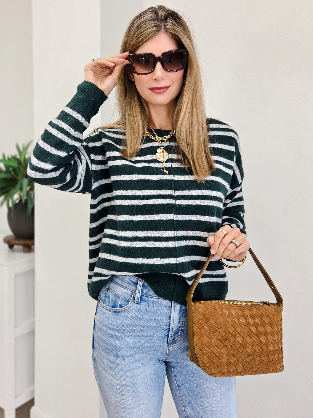 Double Striped Crew Neck Sweater With Center Seam Detail