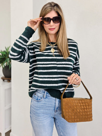 Double Striped Crew Neck Sweater With Center Seam Detail