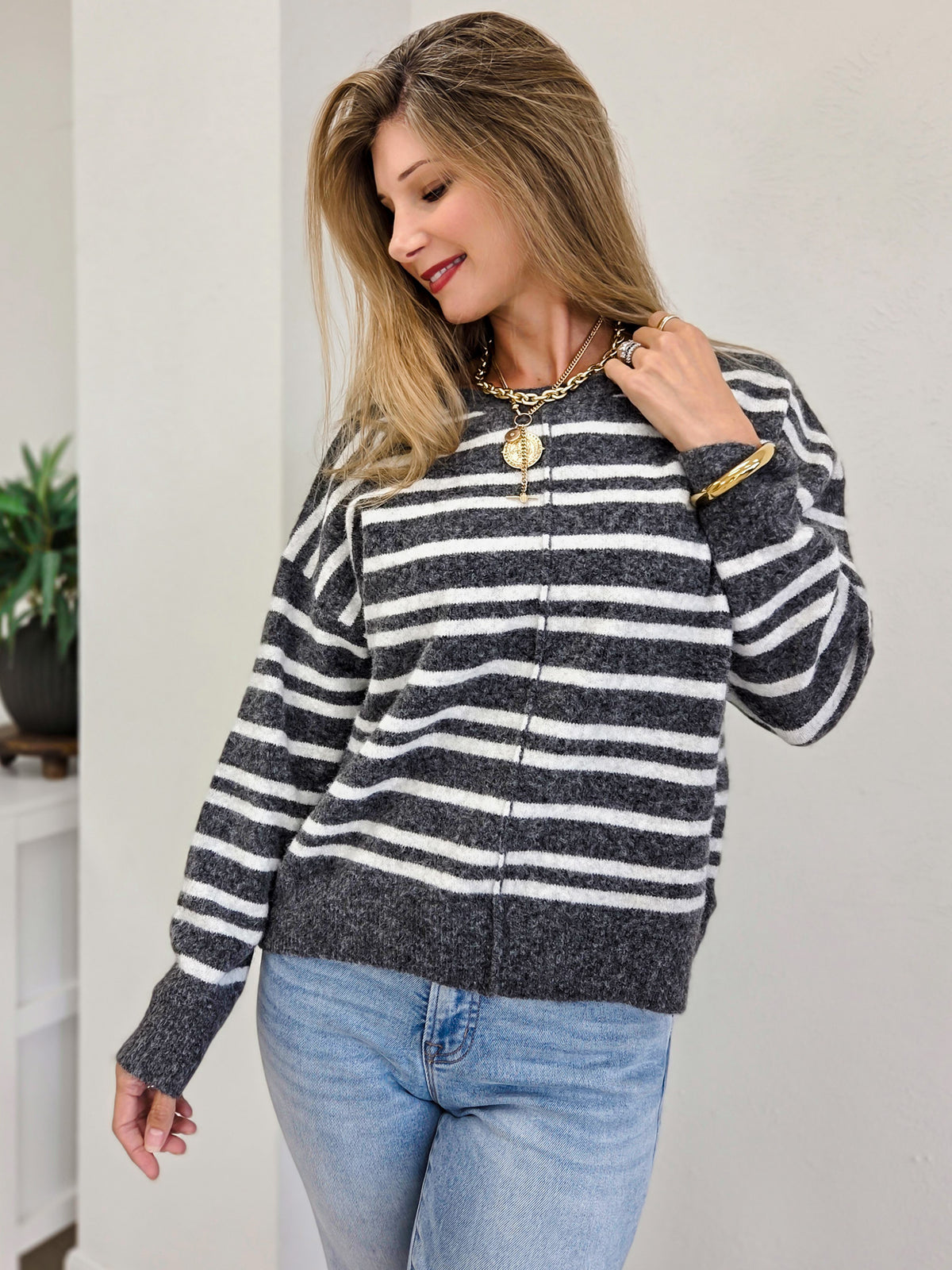 Double Striped Crew Neck Sweater With Center Seam Detail