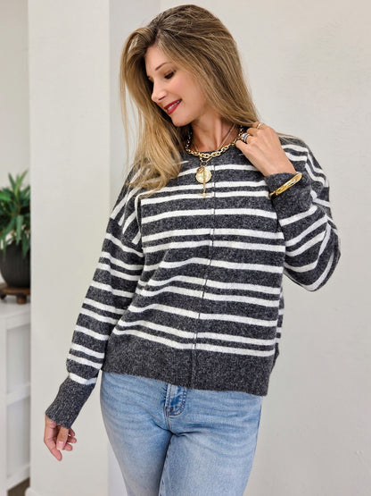 Double Striped Crew Neck Sweater With Center Seam Detail