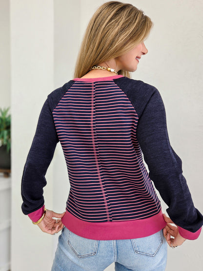 Color Blocked Loose Fit Striped Sweatshirt