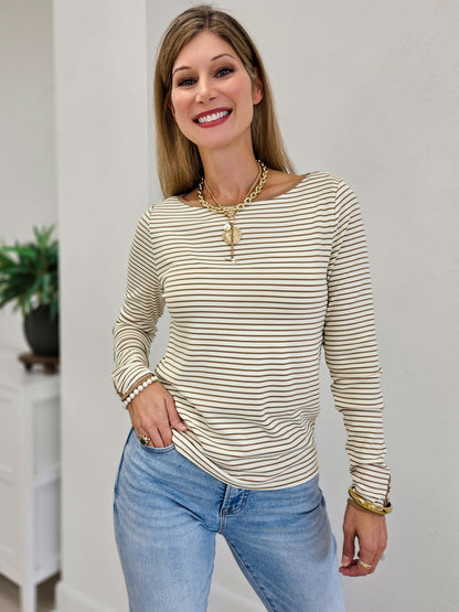 Striped Jersey Top With Cuff Sleeve Button Detail