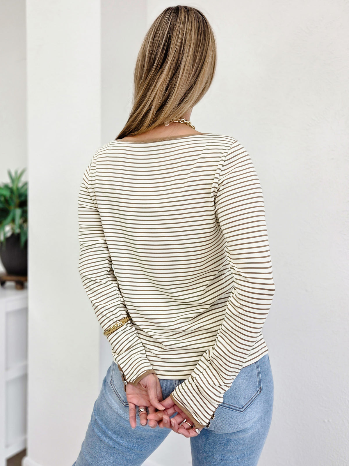 Striped Jersey Top With Cuff Sleeve Button Detail