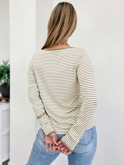 Striped Jersey Top With Cuff Sleeve Button Detail