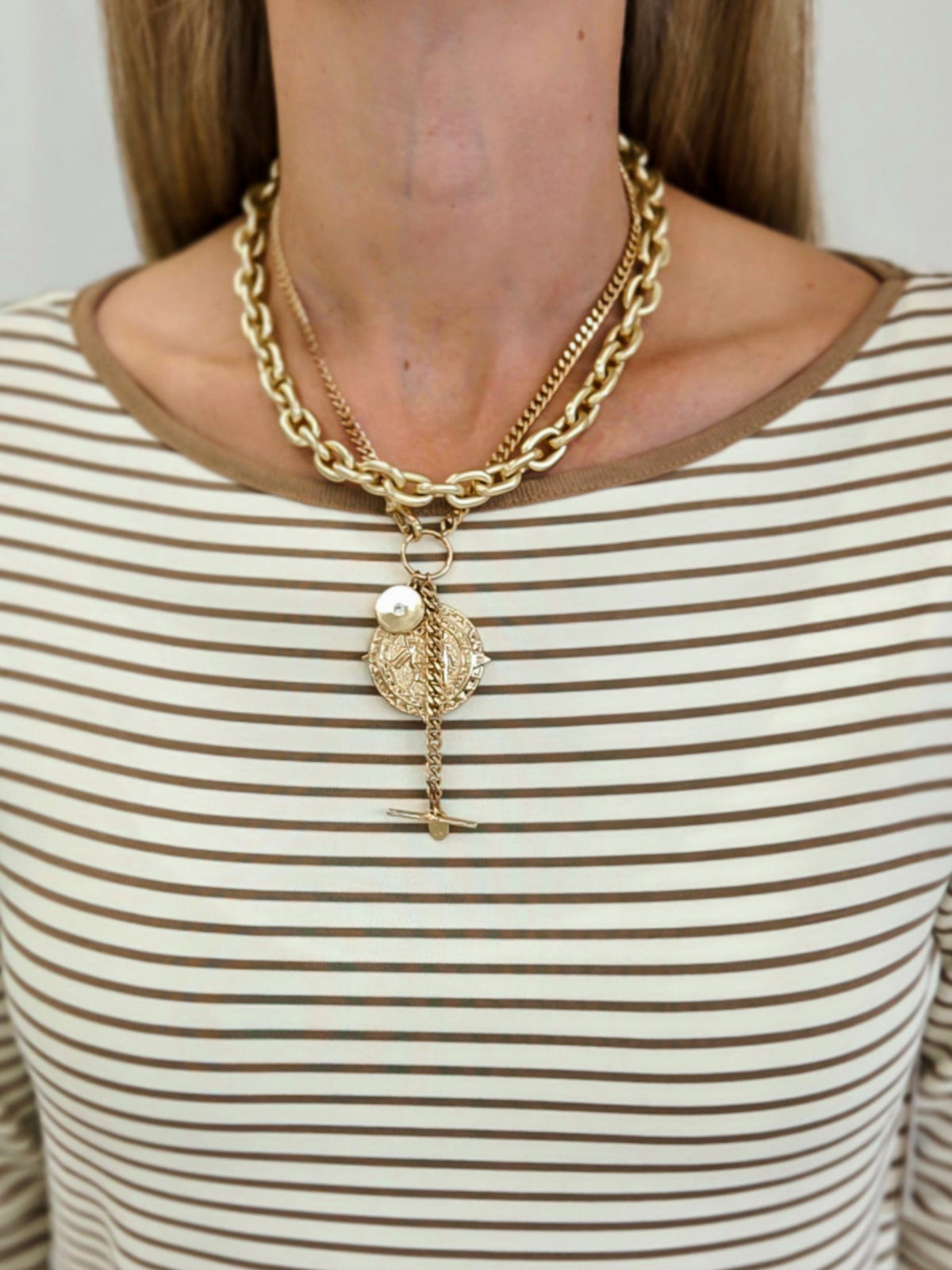 Striped Jersey Top With Cuff Sleeve Button Detail
