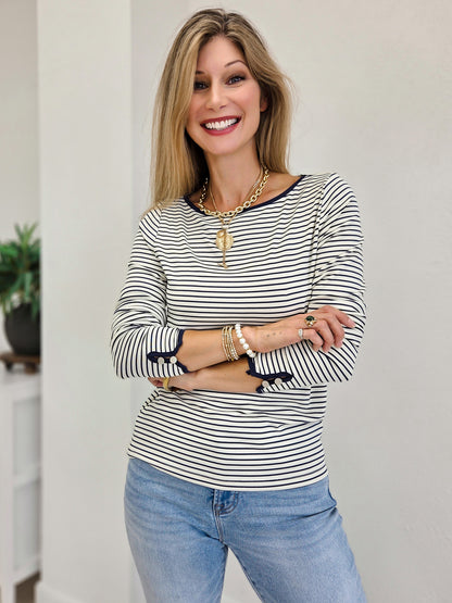 Striped Jersey Top With Cuff Sleeve Button Detail