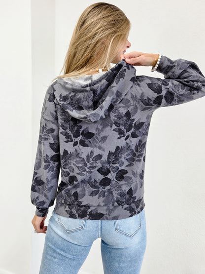 FLORAL PRINTED DRAWSTRING HOODIE TOP