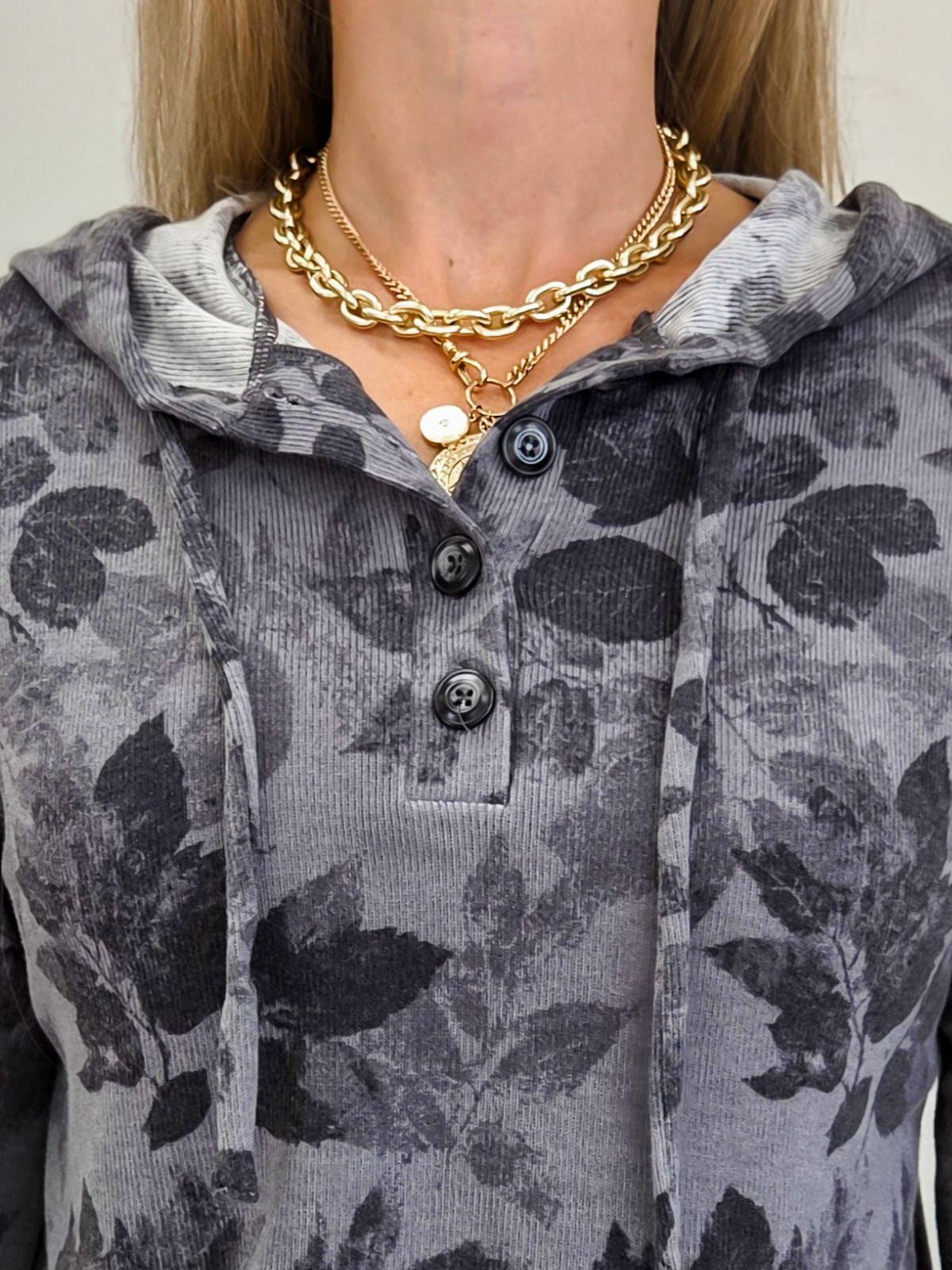 FLORAL PRINTED DRAWSTRING HOODIE TOP