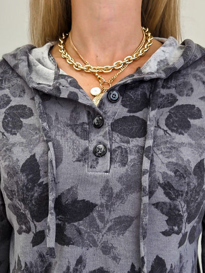 FLORAL PRINTED DRAWSTRING HOODIE TOP