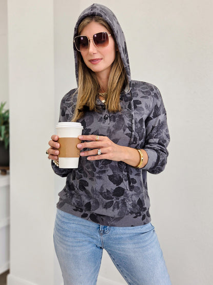 FLORAL PRINTED DRAWSTRING HOODIE TOP